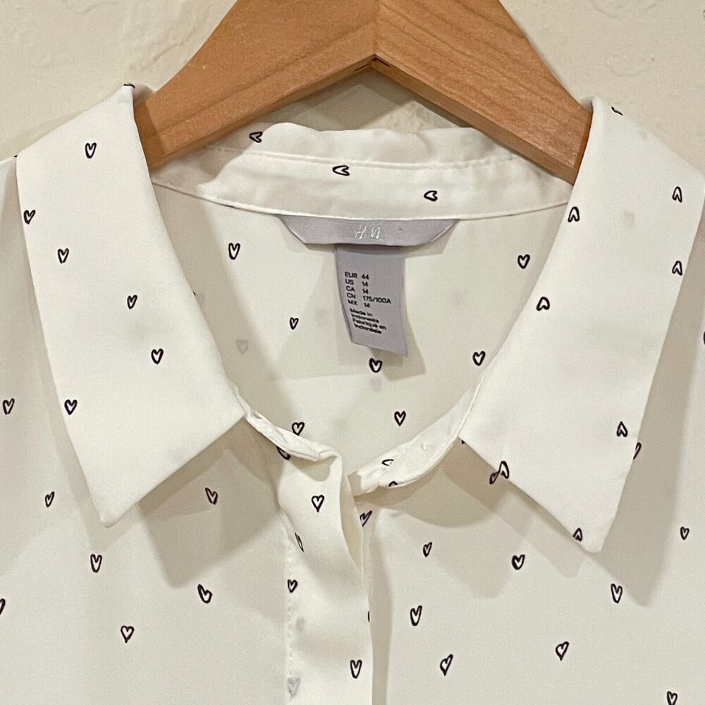 ~~H&M Blouse 14 Cream w/Black Hearts Sheer Flowy Concealed Button Up Long Sleeve